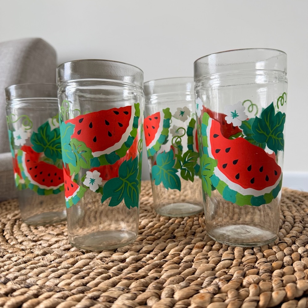 Vintage 1960s Watermelon Design Glass Tumblers Set of 4